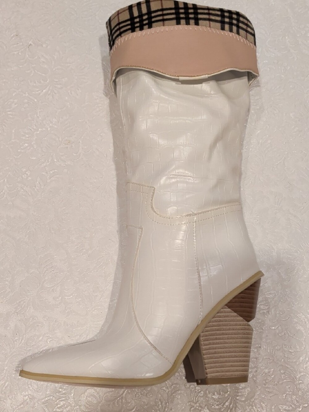 White Croc-Embossed Over-the-Knee Pointed Boots